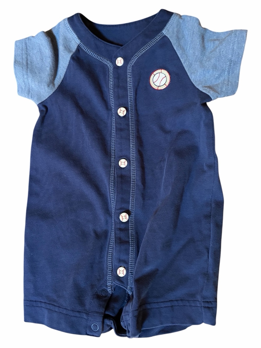 Gymboree 0-3M VINTAGE 100% Cotton Romper Baseball Theme Lt and Dark Blue Snaps